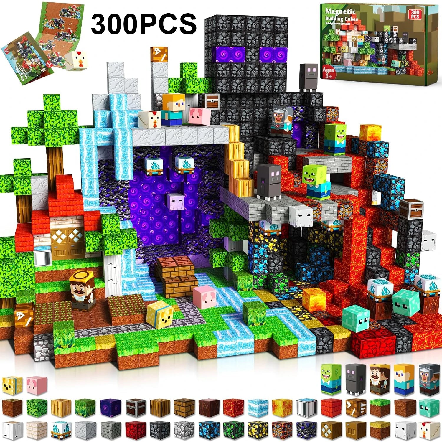 Set de 300 pièces de blocs magnétiques Minecraft, construction de mondes fantastiques avec figurines, jeu éducatif pour enfants
