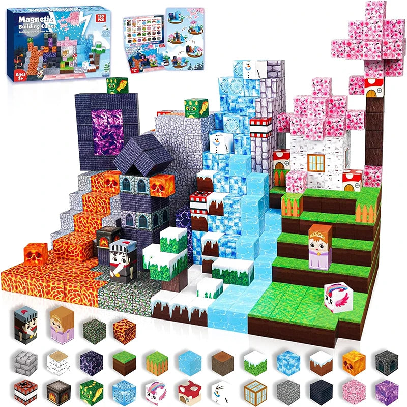 Jeu de construction Minecraft avec figurines, blocs magnétiques colorés, scènes de jeu pixelisées, idéal pour enfants 3-10 ans.