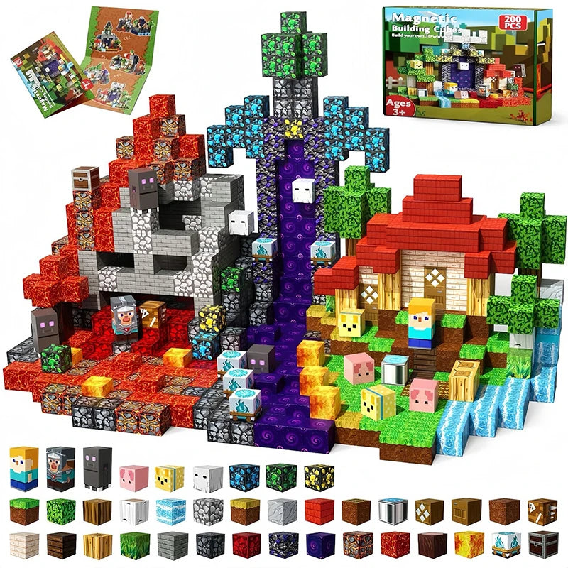 Set de blocs magnétiques Minecraft avec figurines, création de mondes pixelisés, cubes colorés en plastique, cadeau pour enfants 3-10 ans.