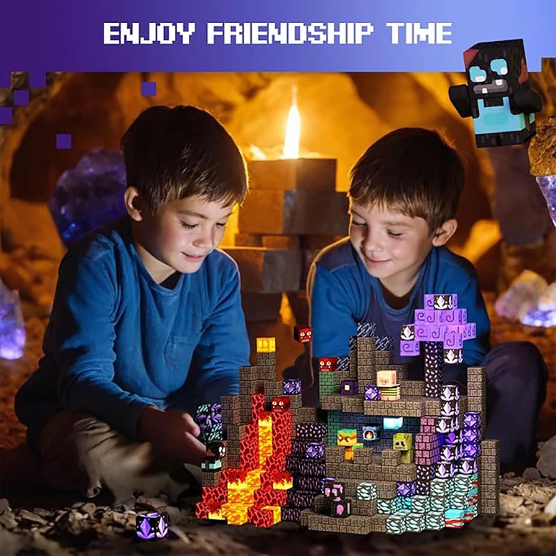 Scène de jeu Minecraft avec blocs magnétiques, figurines, décor pixelisé, jouet éducatif pour enfants, scène de créativité.