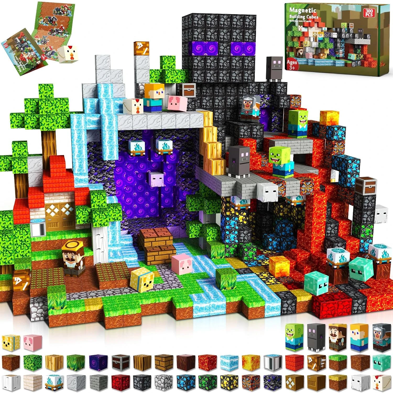Ensemble de blocs magnétiques Minecraft avec figurines, construction de paysages colorés, cubes en plastique, parfait pour enfants 3-10 ans.
