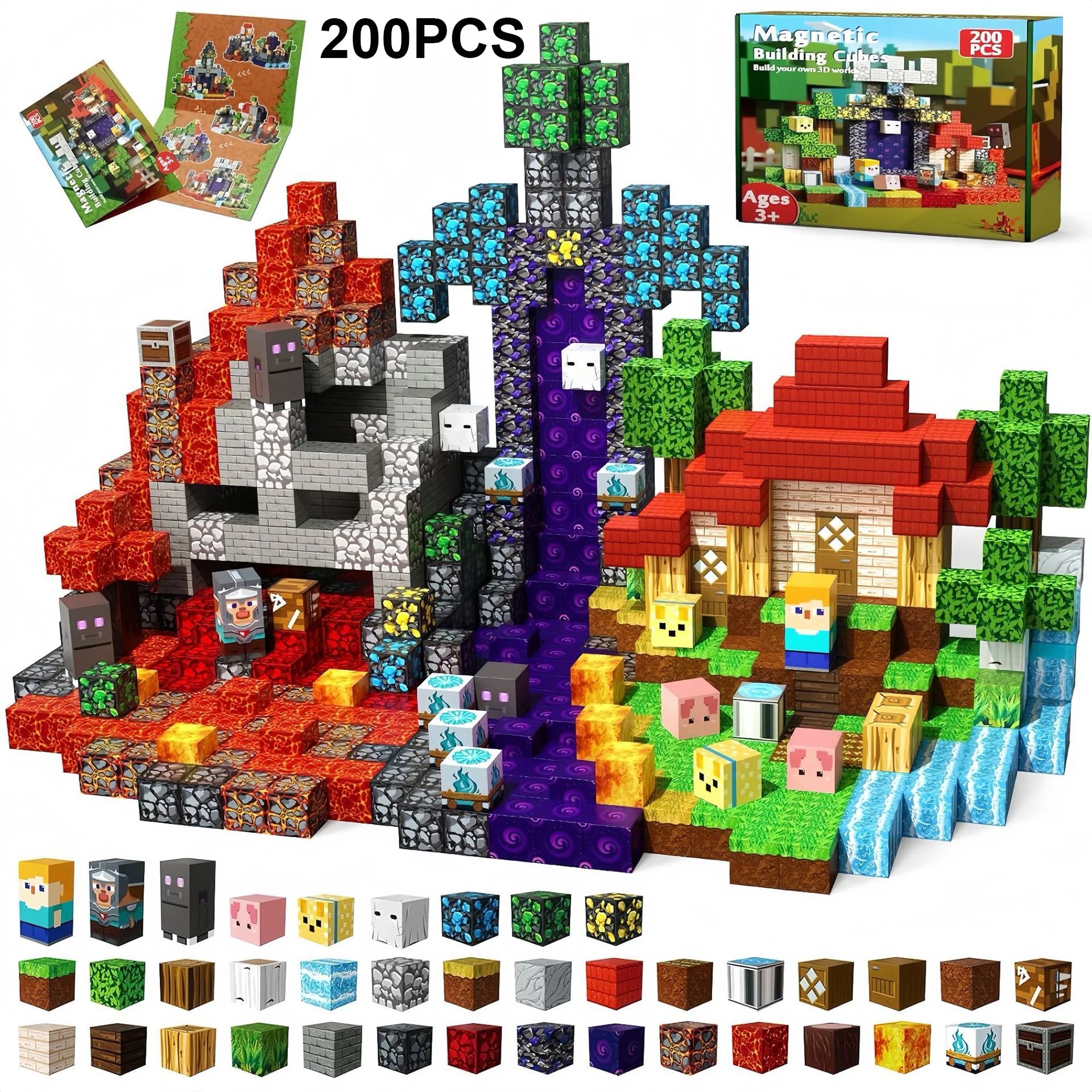 Kit de 200 pièces de blocs magnétiques Minecraft, création de structures colorées avec figurines, jeu créatif pour enfants et adolescents